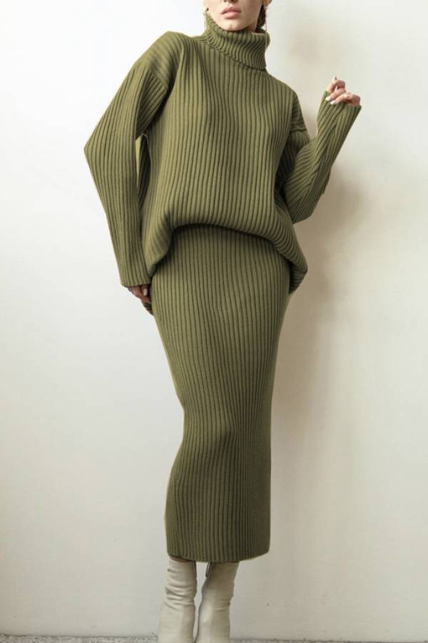 Turtleneck Ribbed Loose Sweater & Knit Midi Skirt Two‑Piece Set