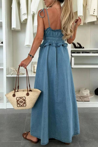 Denim Smocked-Waist Tiered Maxi Dress