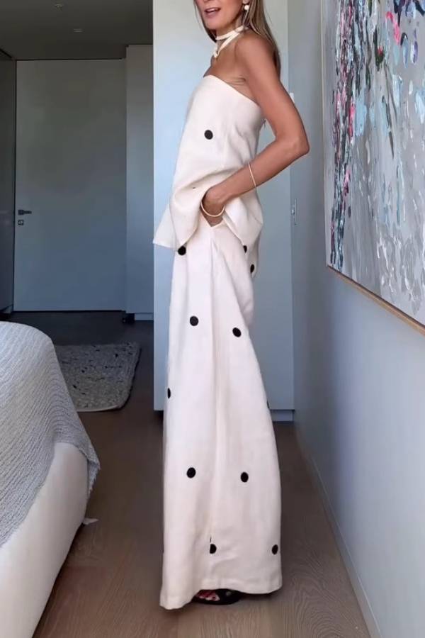 French Polka Dot Linen Tube Top & Wide-Leg Pants Set