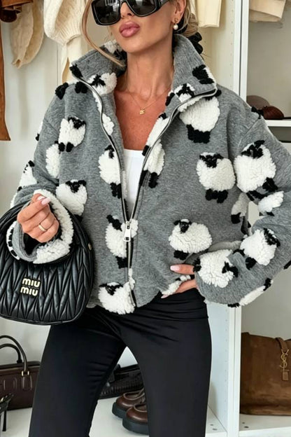 Playful Lamb Pattern Teddy Bear Fleece Material Contrast Color Long Sleeve Pocket Zipper Coat