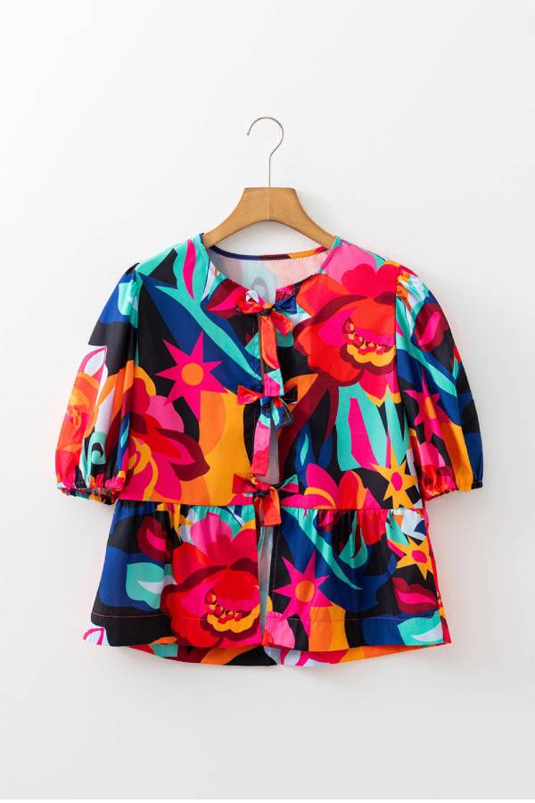 Abstract Floral Print Tie-Front Puff Sleeve Peplum Top