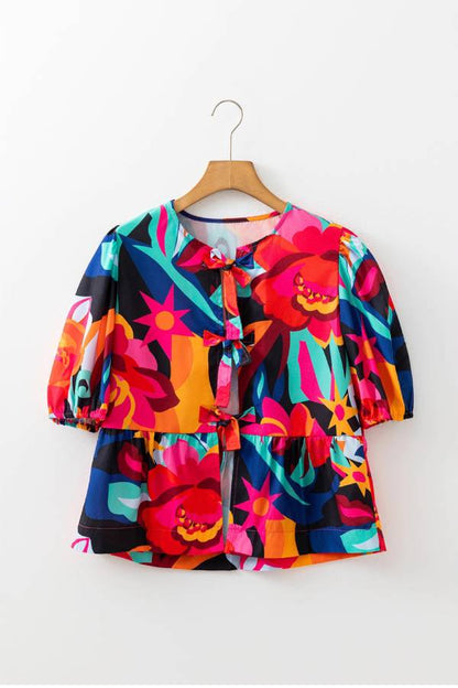 Abstract Floral Print Tie-Front Puff Sleeve Peplum Top