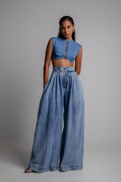 High Waist Zipper Cuff Relaxed Vintage Jeans