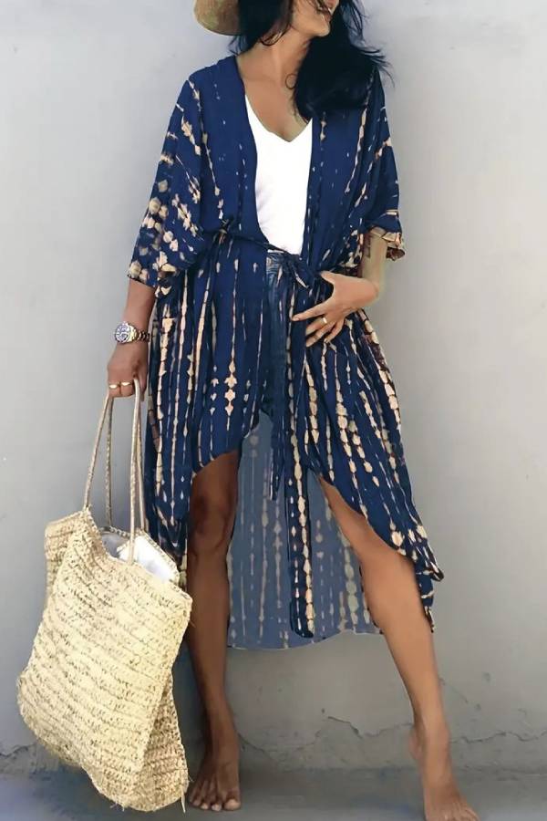 Multi-Color Tie-Dye Belted Open Front Beach Kimono