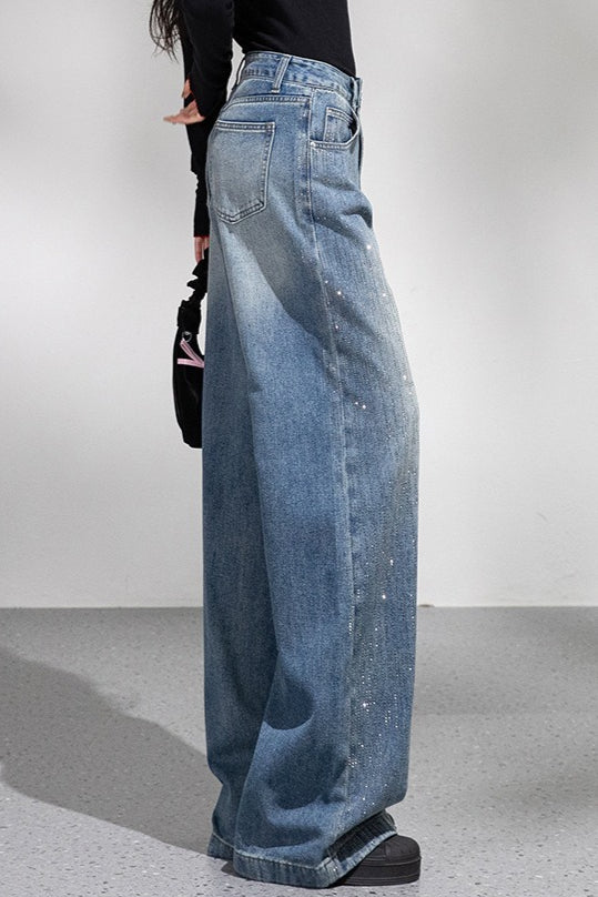 Sparkly Rhinestone Loose Wide Leg Jeans