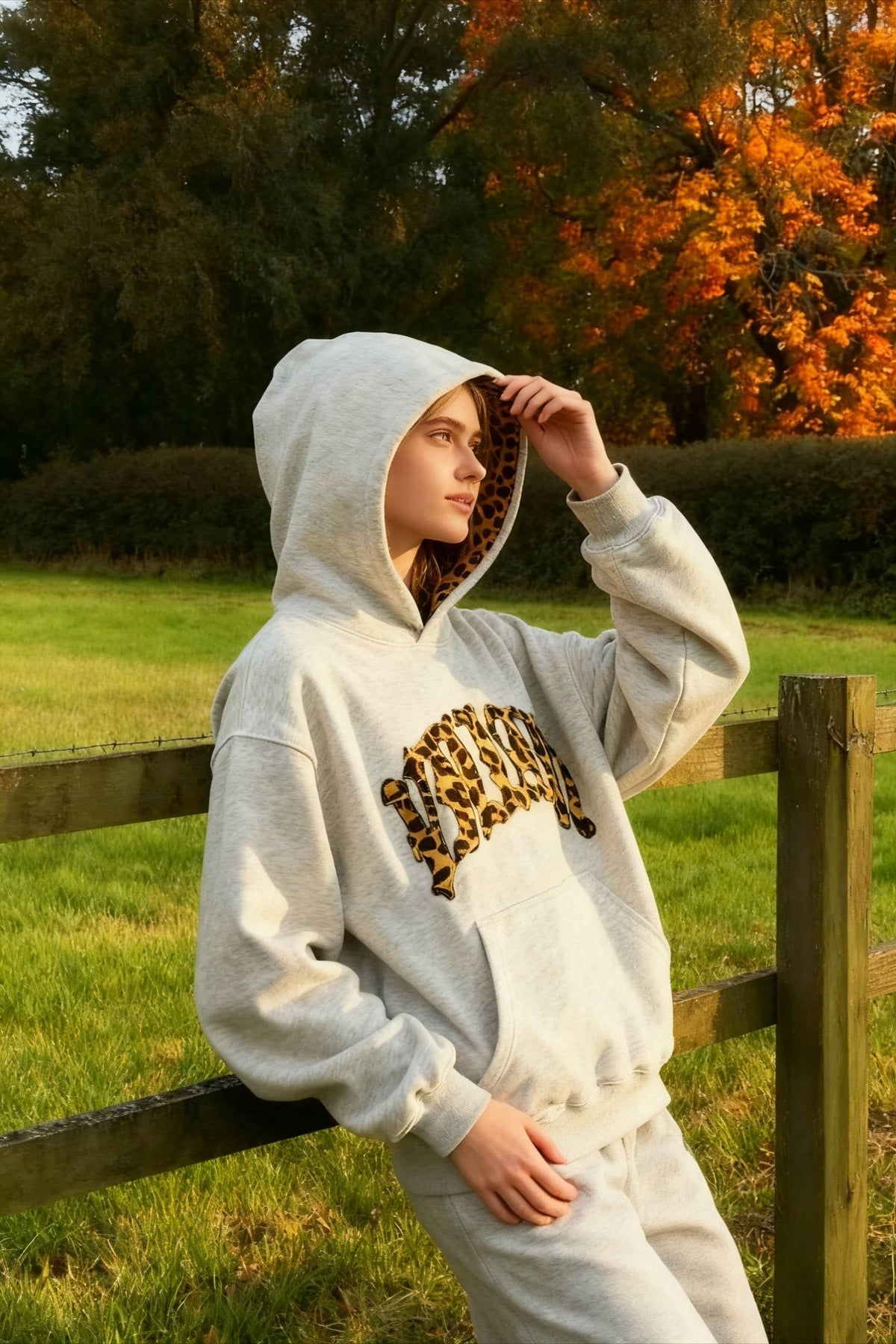Leopard Lined Embroidered Letter Hoodie
