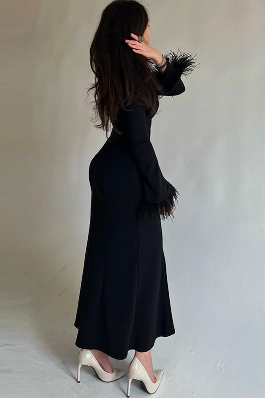 Feather Trim Bodycon Maxi Sweater Dress