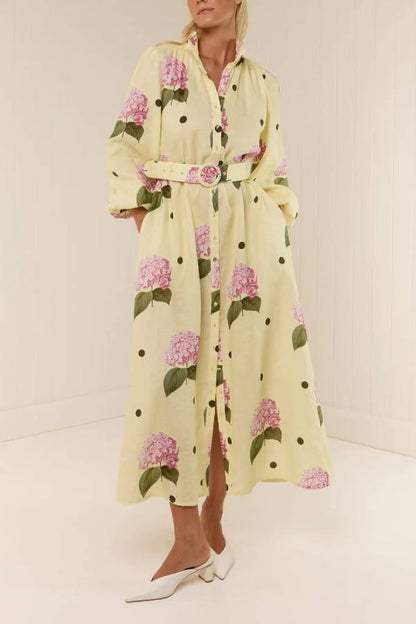 Collared Waist-Cinched Printed Maxi Shirt Dress