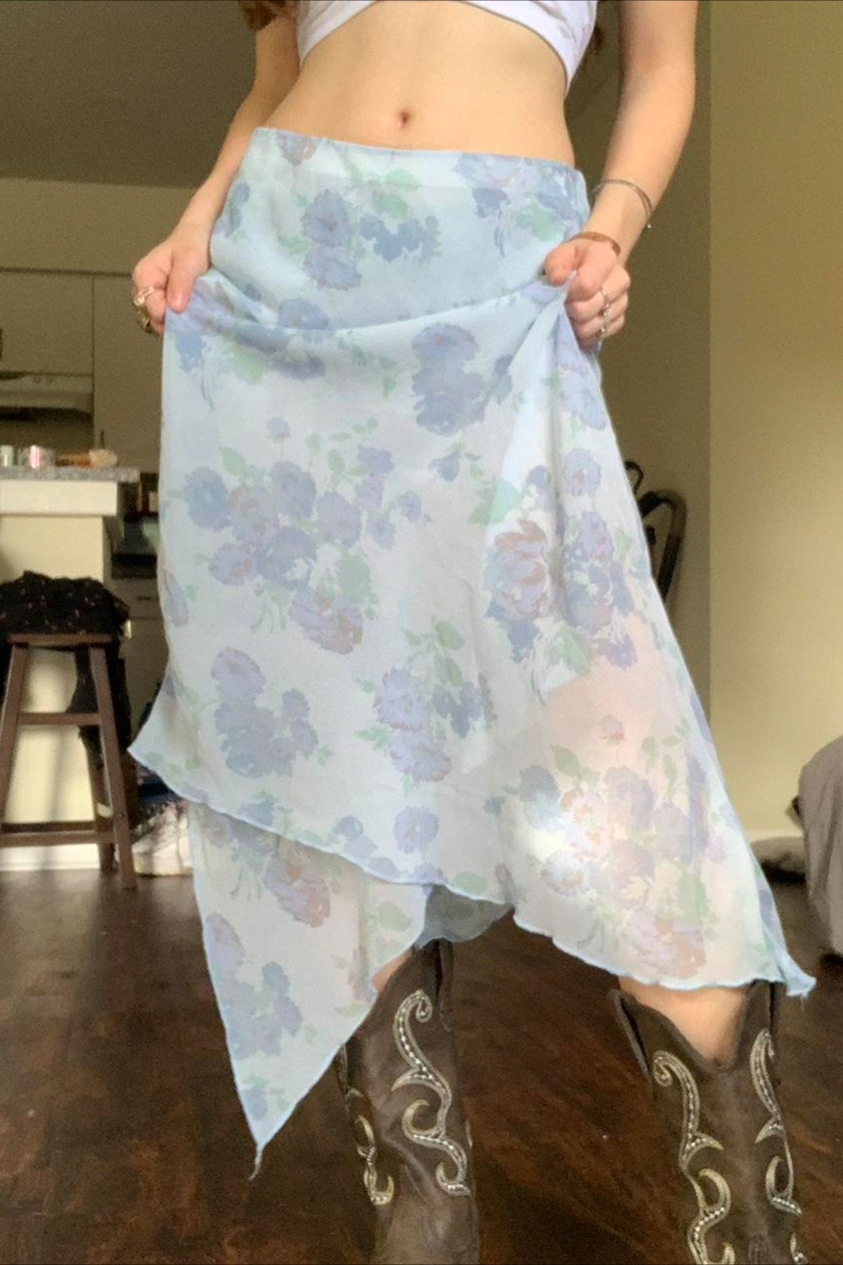 Floral Ruffle Asymmetric Sheer Mesh Vacation Maxi Skirt