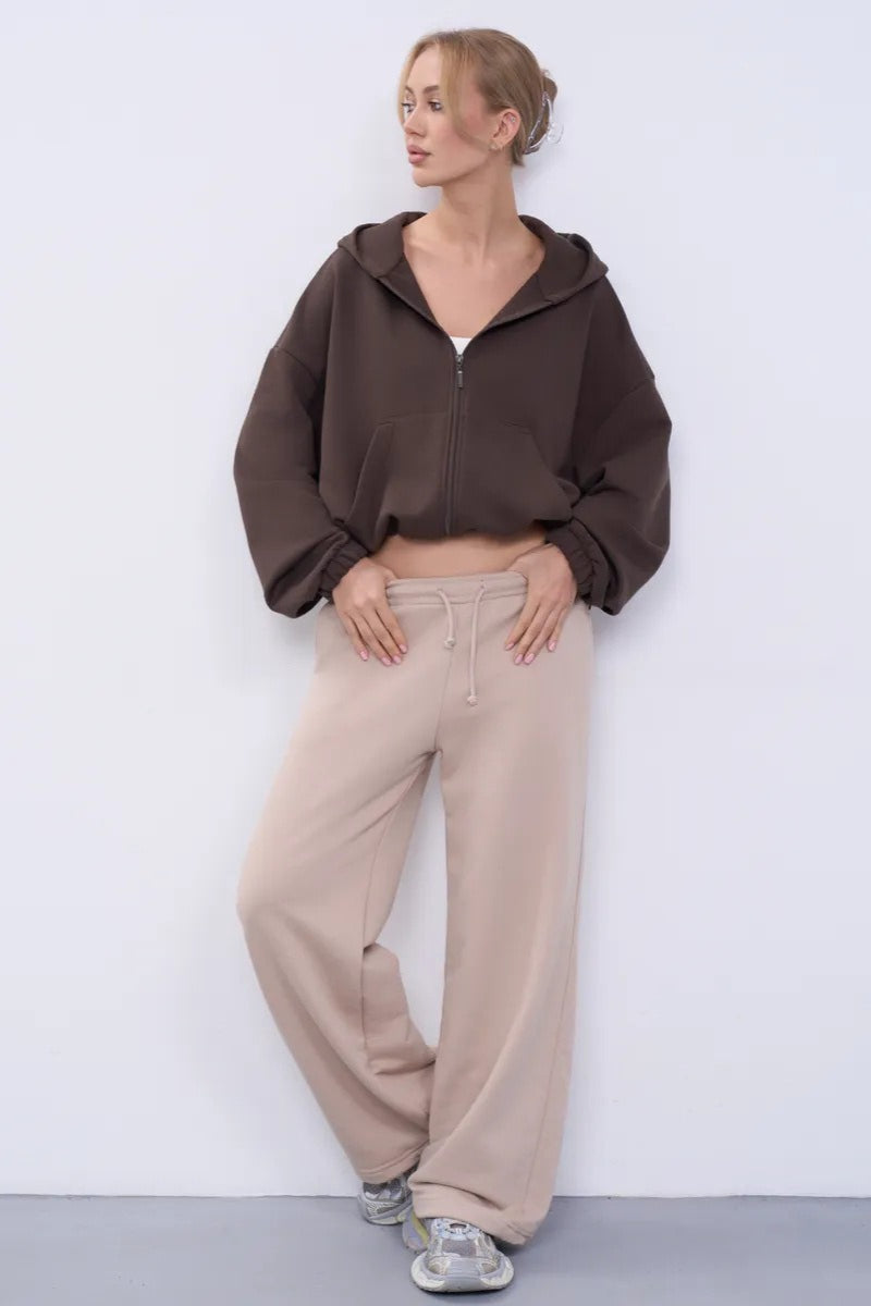 Cropped Fleece Zip Adjustable Waist Hoodie