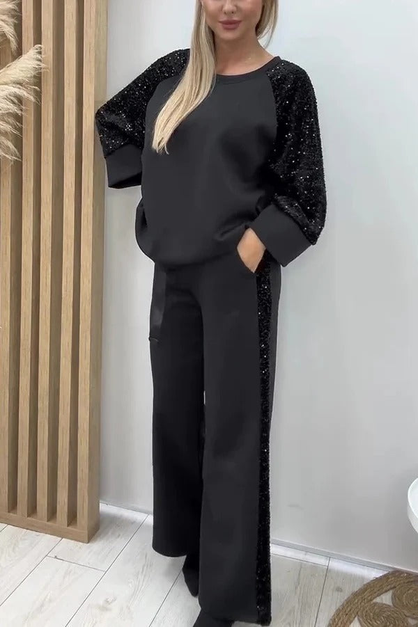 Stylish Sequined Loose-fitting Crew Neck Top and Casual Pocket Wide-leg Pants Set
