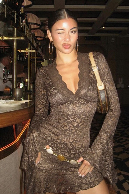Lace Deep V-Neck Bell Sleeve Bodycon Mini Dress