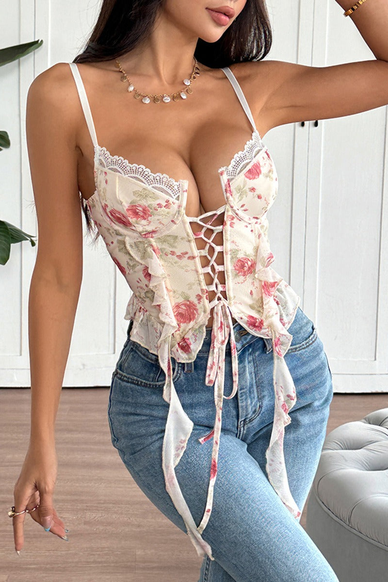 Floral Print Cross Tie Sleeveless Crop Top