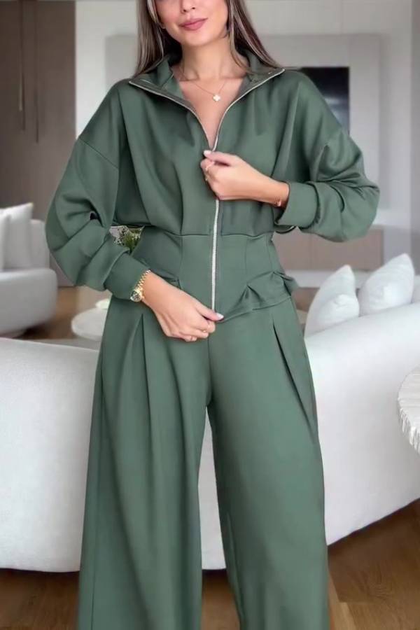 Stand Collar Zip Waist Cinched Wide Leg Pants Matching Set Elegant Two Piece Co-Ord