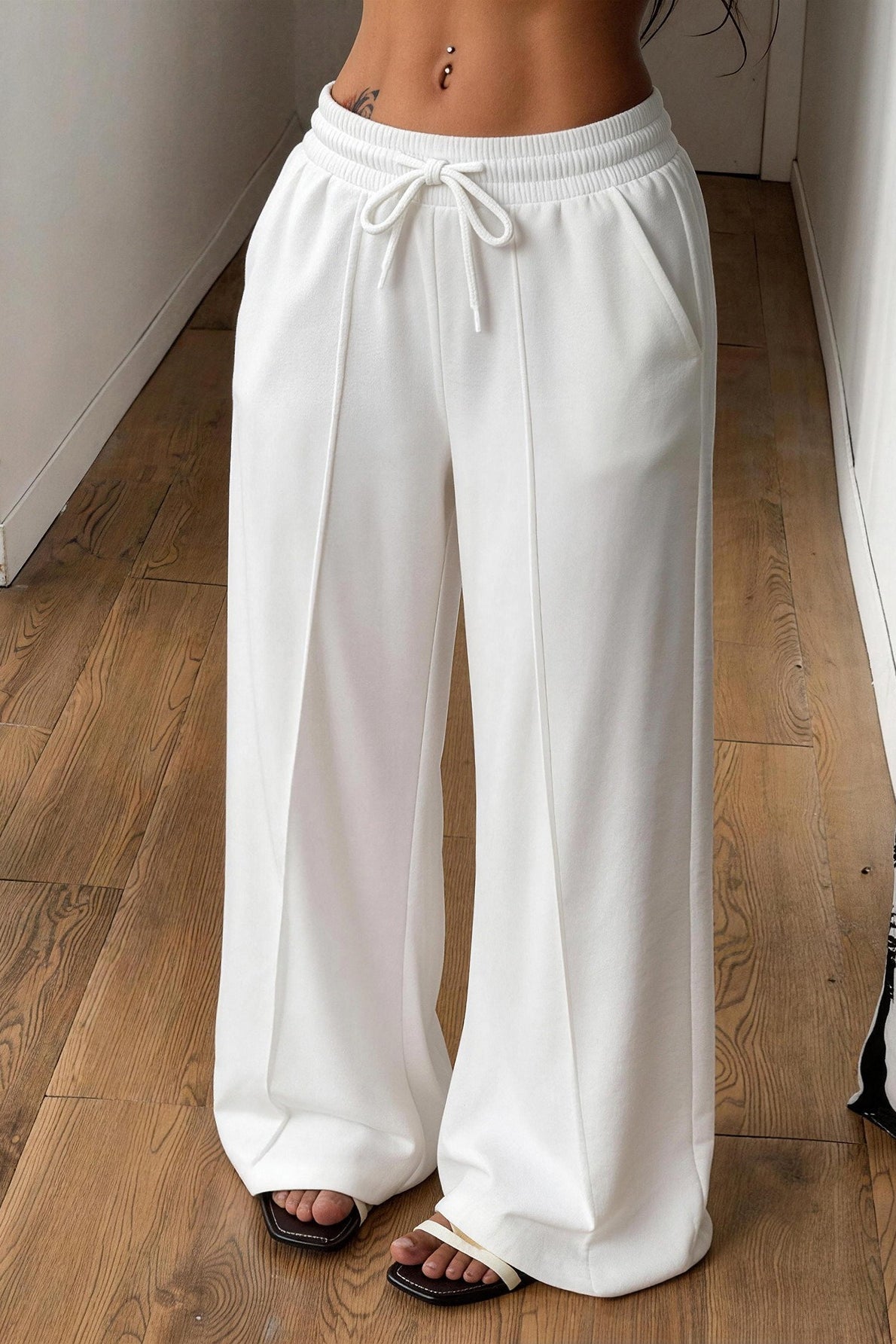 White Drawstring Wide Leg Relaxed Pants