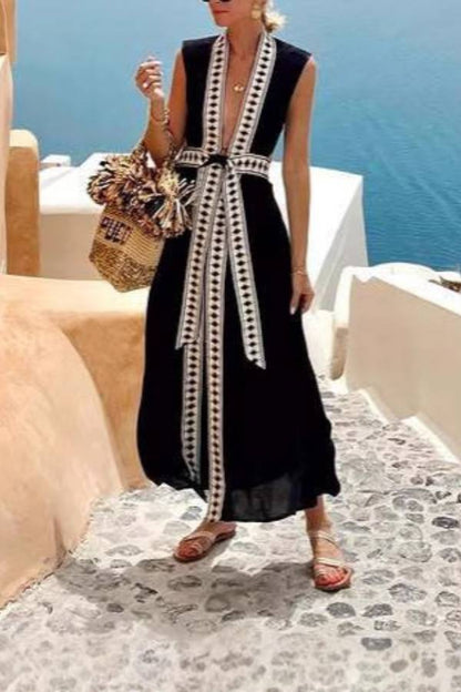 Black Geometric Deep V Sleeveless Cutout Waist Tie-Up Maxi Dress
