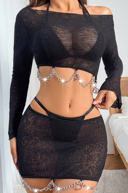 Chain-Decorated Sheer Knit Two-Piece Set