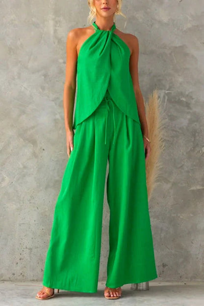 Sleeveless Halter Slit Top Paperbag Waist Wide Leg Pants Set
