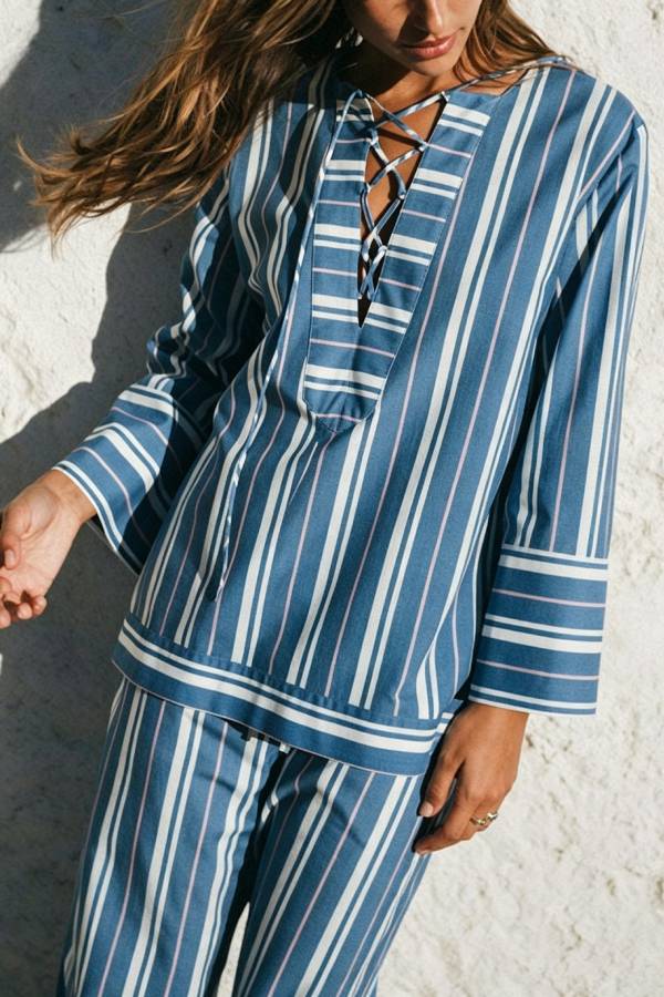 Althea Striped Print Lace-up Neck Long Sleeve Top and Elastic Waist Pocket Lantern Pants Set