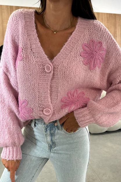 Embroidered Floral V-neck Long-sleeved Button-knit Cardigan