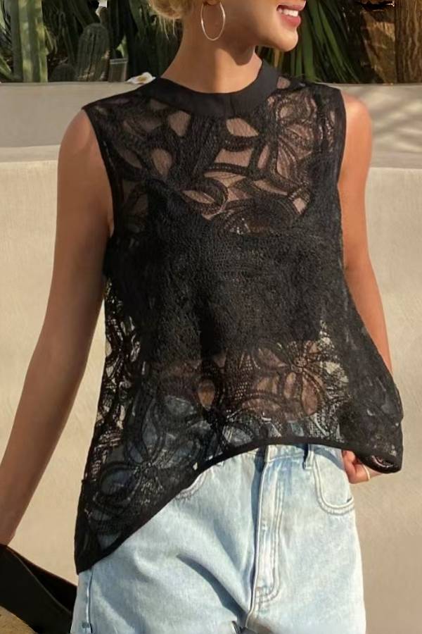 3D Floral Hollow Lace Irregular Sleeveless Tank Cover Up
