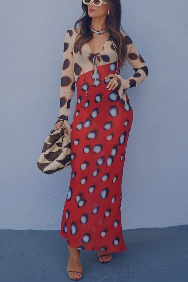 Sabine Animal and Butterfly Print Colorblock Long Sleeve Bias Cut Maxi Dress