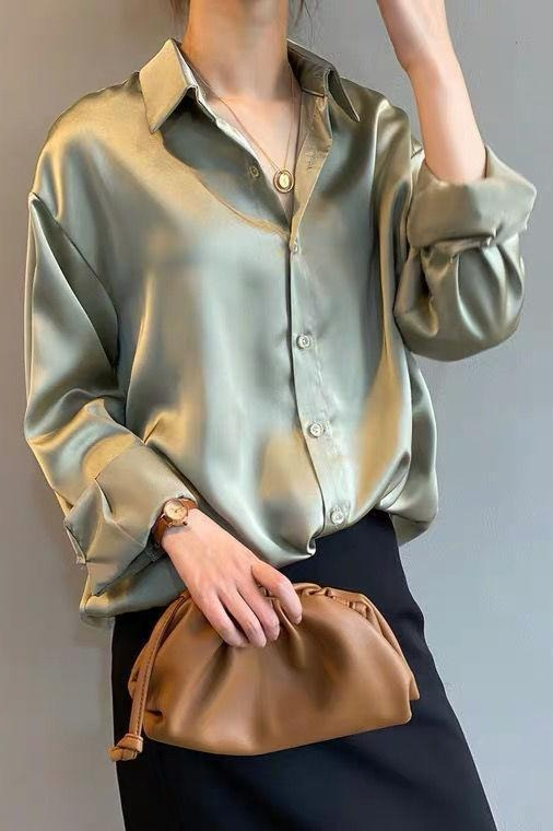 Satin Vintage Unique Draped Long Sleeve Blouse