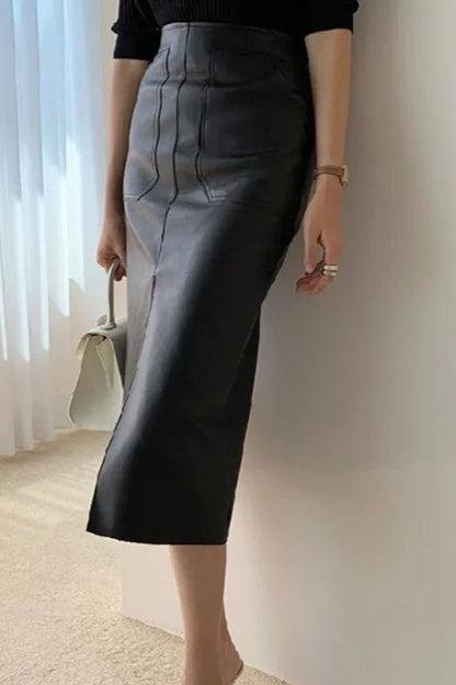 Fall Winter Chic Split Design Slim Straight Faux Leather Skirt