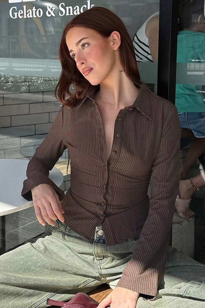 Covered Button Polo Stripe Blouse