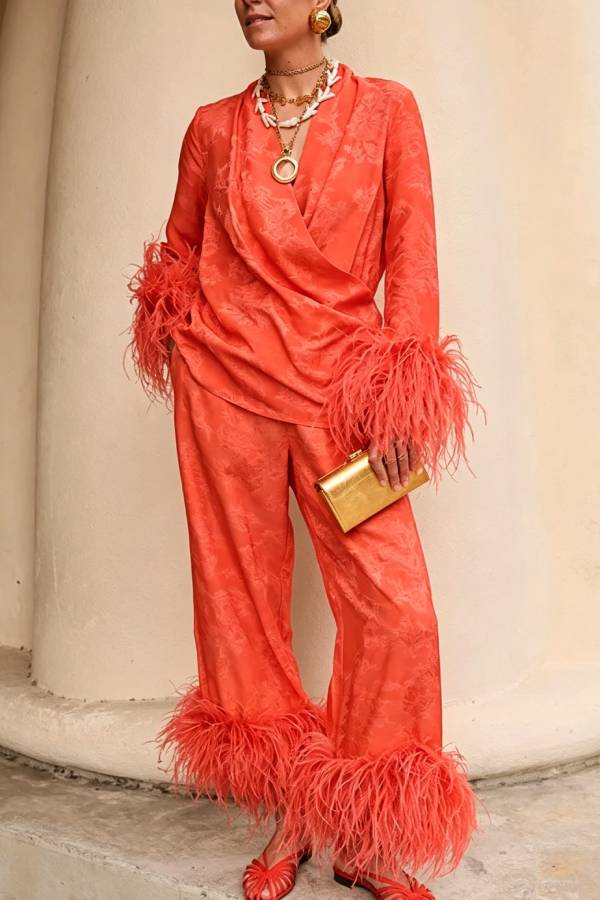 Nolana Satin Jacquard Print Feather Trim Warp Blouse and Elastic Waist Loose Pants Set