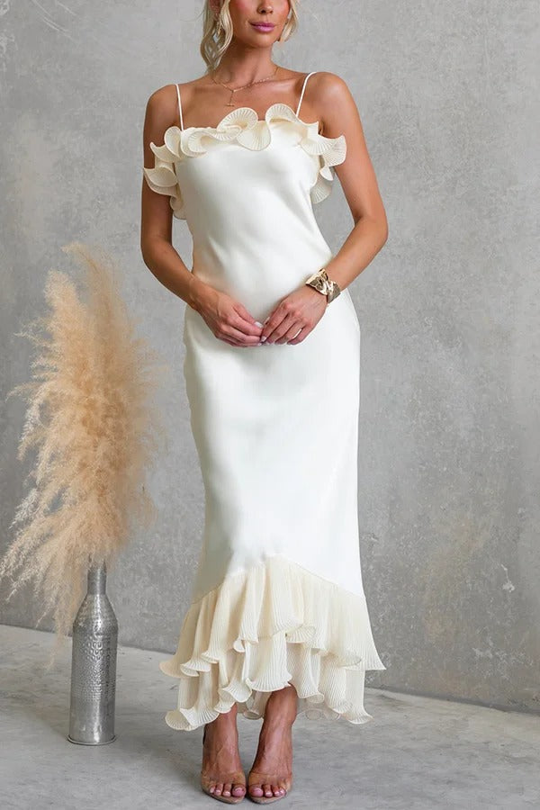 Bella Satin Pleated Chiffon Ruffle Details Slip Maxi Dress