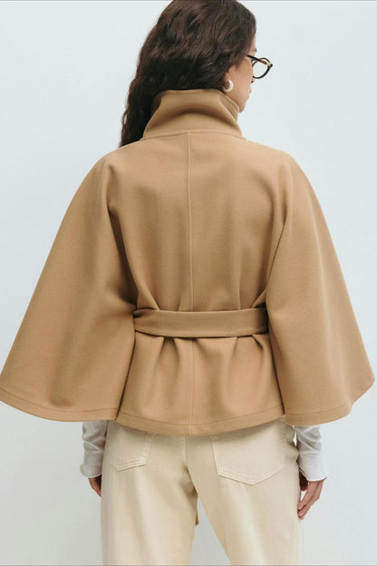 High Neck Button Detail Batwing Sleeve Coat