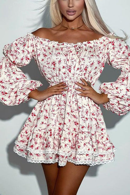 Off Shoulder Puff Sleeve Ruched Waist A Line Floral Dress
