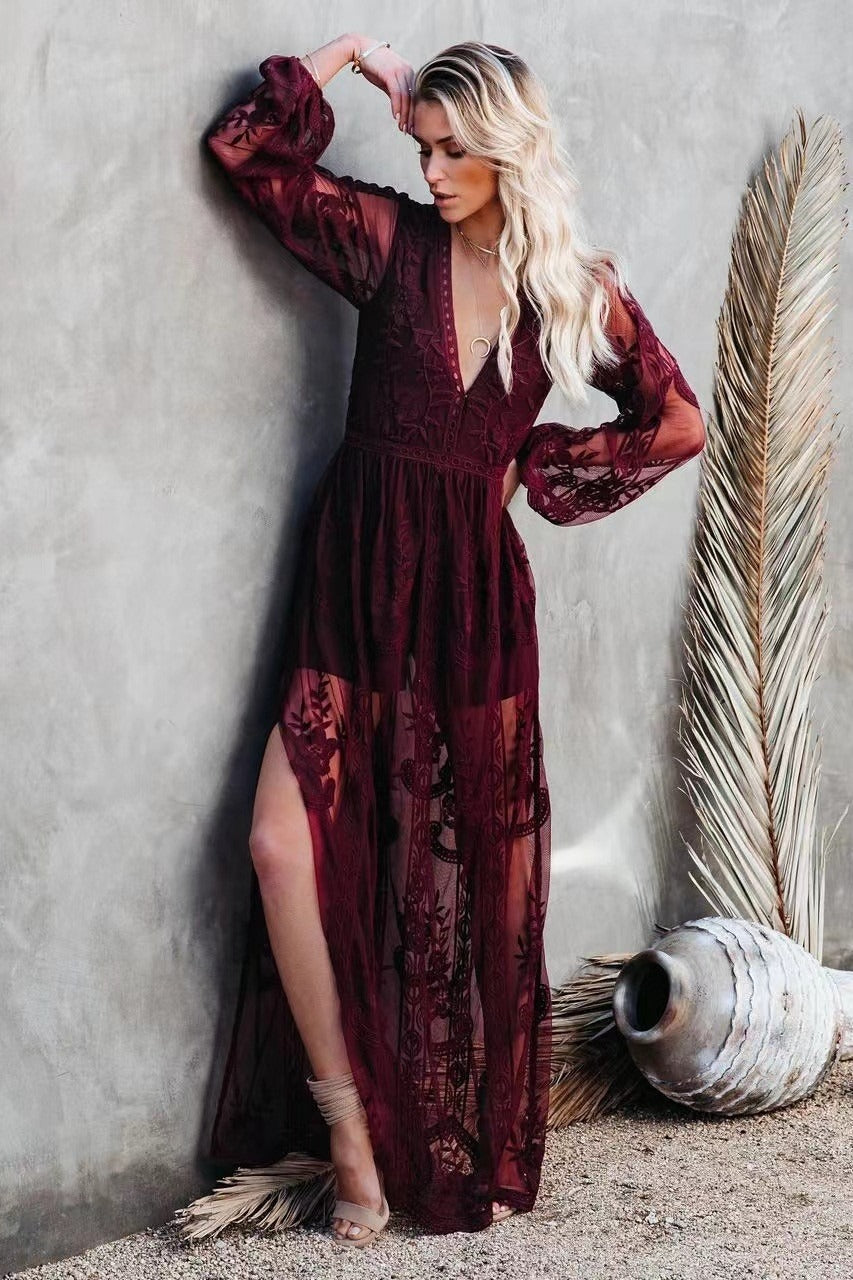 Embroidery V Neck Lace Maxi Boho Dress