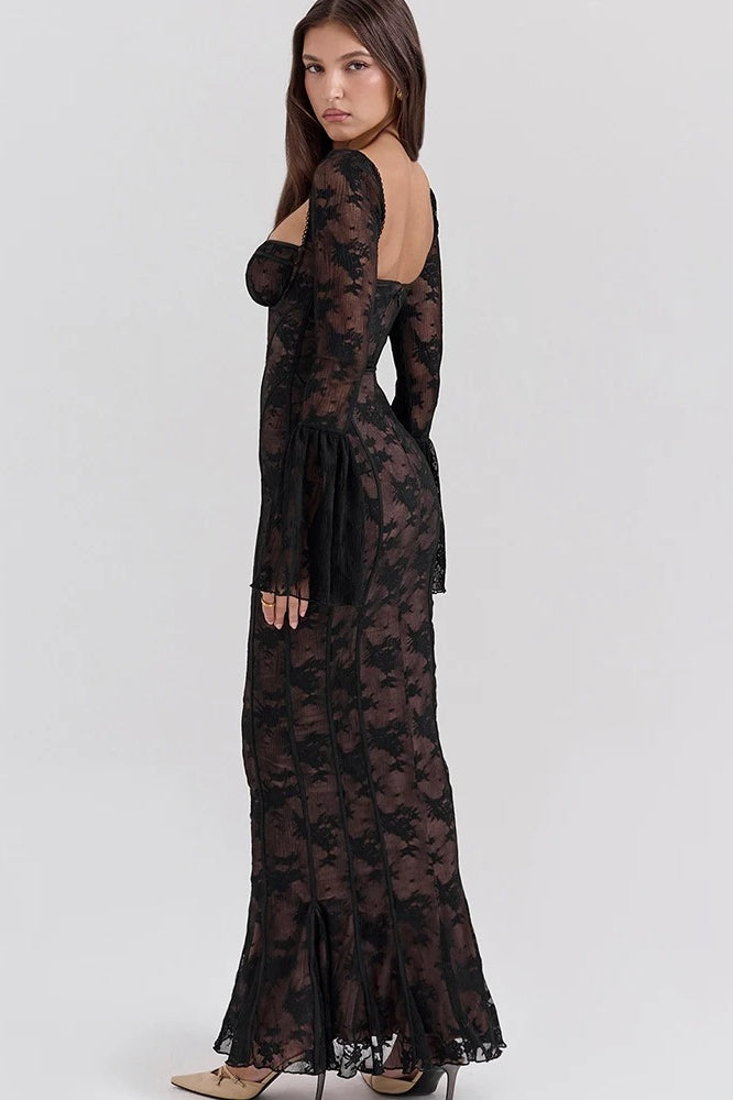 Square Collar Long Sleeve Maxi Dress