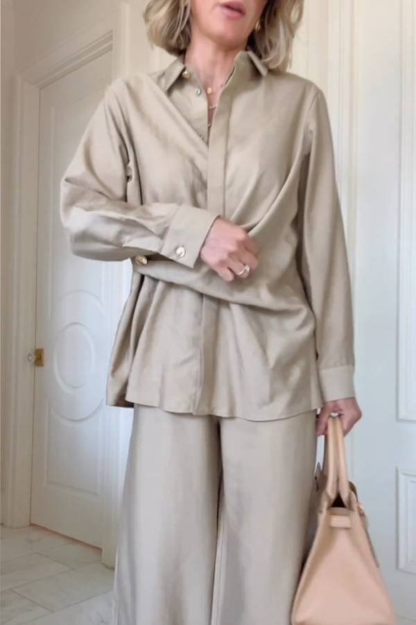 Cross-waist shirt and wide-leg pants suit