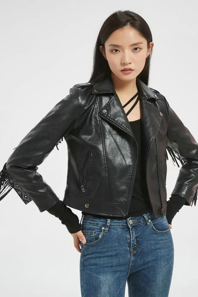 Faux Leather Tassel Biker Jacket