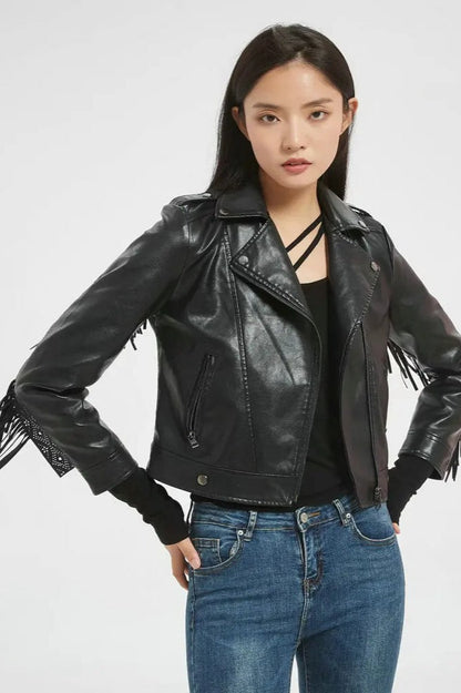 Faux Leather Tassel Biker Jacket