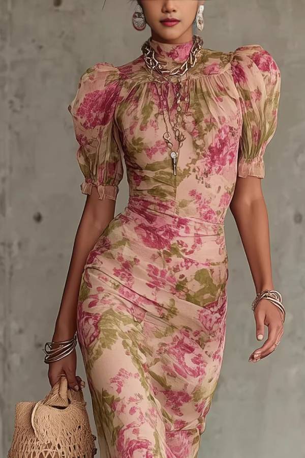 Mock Neck Puff Sleeve Watercolor Floral Ruched Mermaid Ruffle Maxi Dress