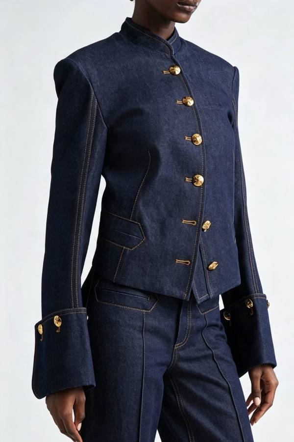 Cowgirl Club Denim Stand Neck Flare Sleeve Metal Buttons Long Sleeve Jacket