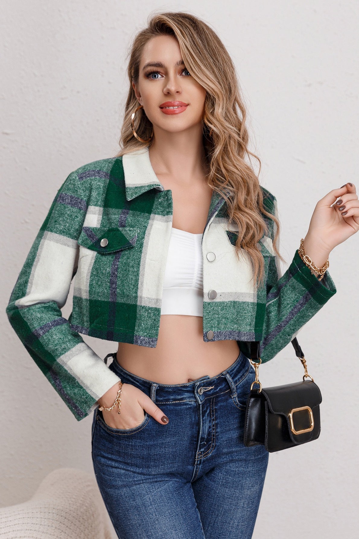 Checked Notch Collar Short Jacket