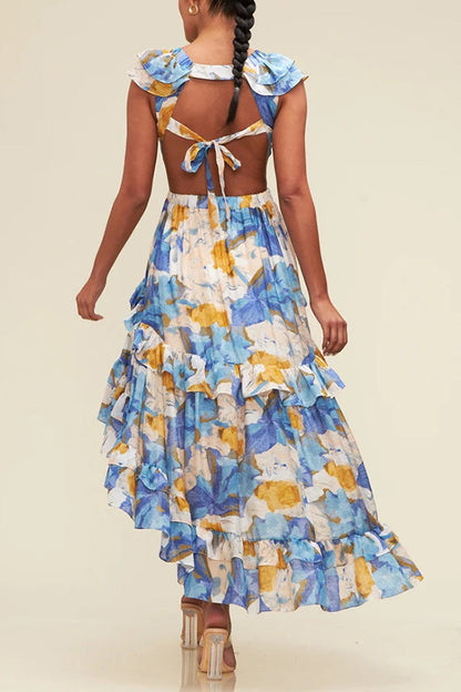 Plunging V-Neck Ruffle Tiered High-Low Floral Maxi Dress