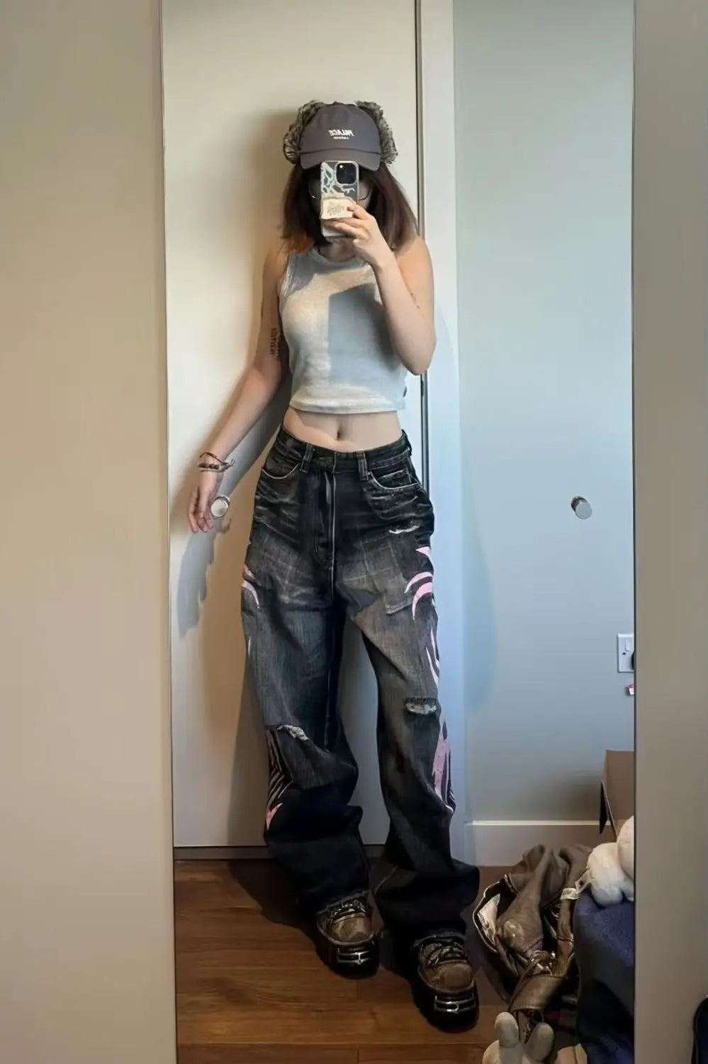 Vintage Print High Waist Wide Leg Jeans