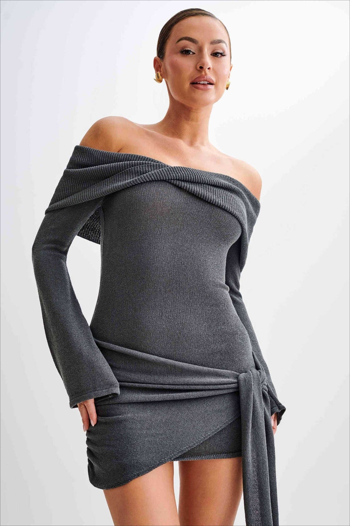 Off Shoulder Tie Knit Sweater Dress