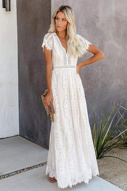 Lace V Neck Short Sleeve Hollow Out Boho Dress