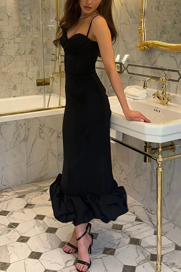 Elegant Solid Spaghetti Strap Ruched Maxi Prom Dress