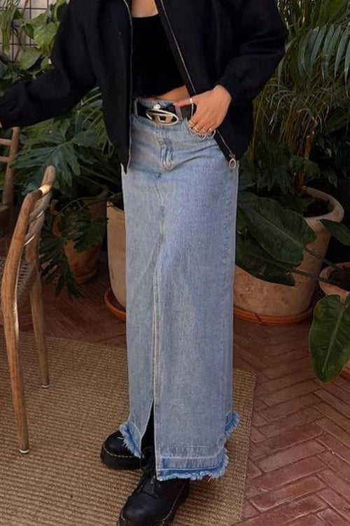 Retro Button Front Denim Bodycon Skirt