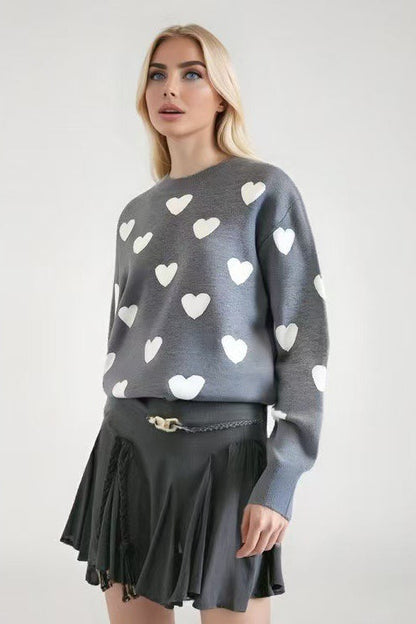 Round Neck Heart Knit Sweater