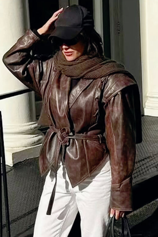 Shawl Collar Belted Leather Jacket