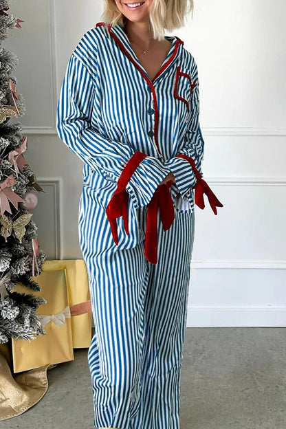 Striped Printed Color-blocked Trim Long-sleeved Loose Top and Elastic Waist Belt Wide-leg Pants Set